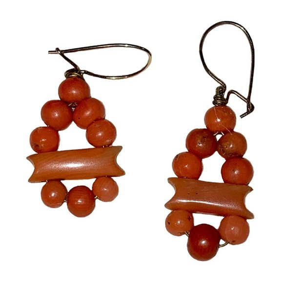 14 KT Gold Victorian Red Coral Carved Bead Earrings